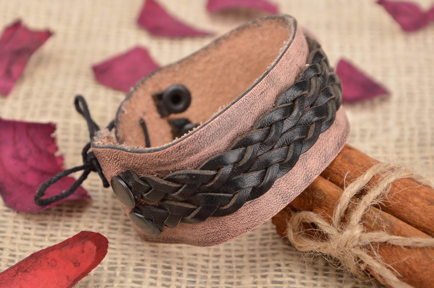 Handmade wide genuine leather beige and black wrist bracelet with weaving  photo 1