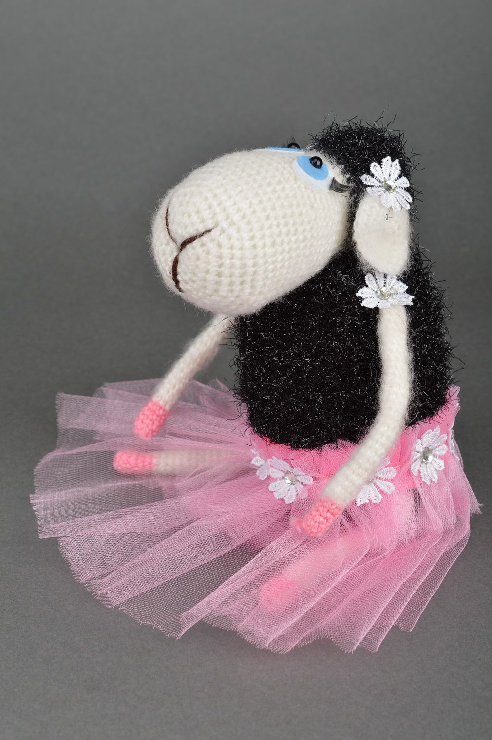 Handmade crocheted soft toy cute black and white lamb in pink tutu skirt photo 2