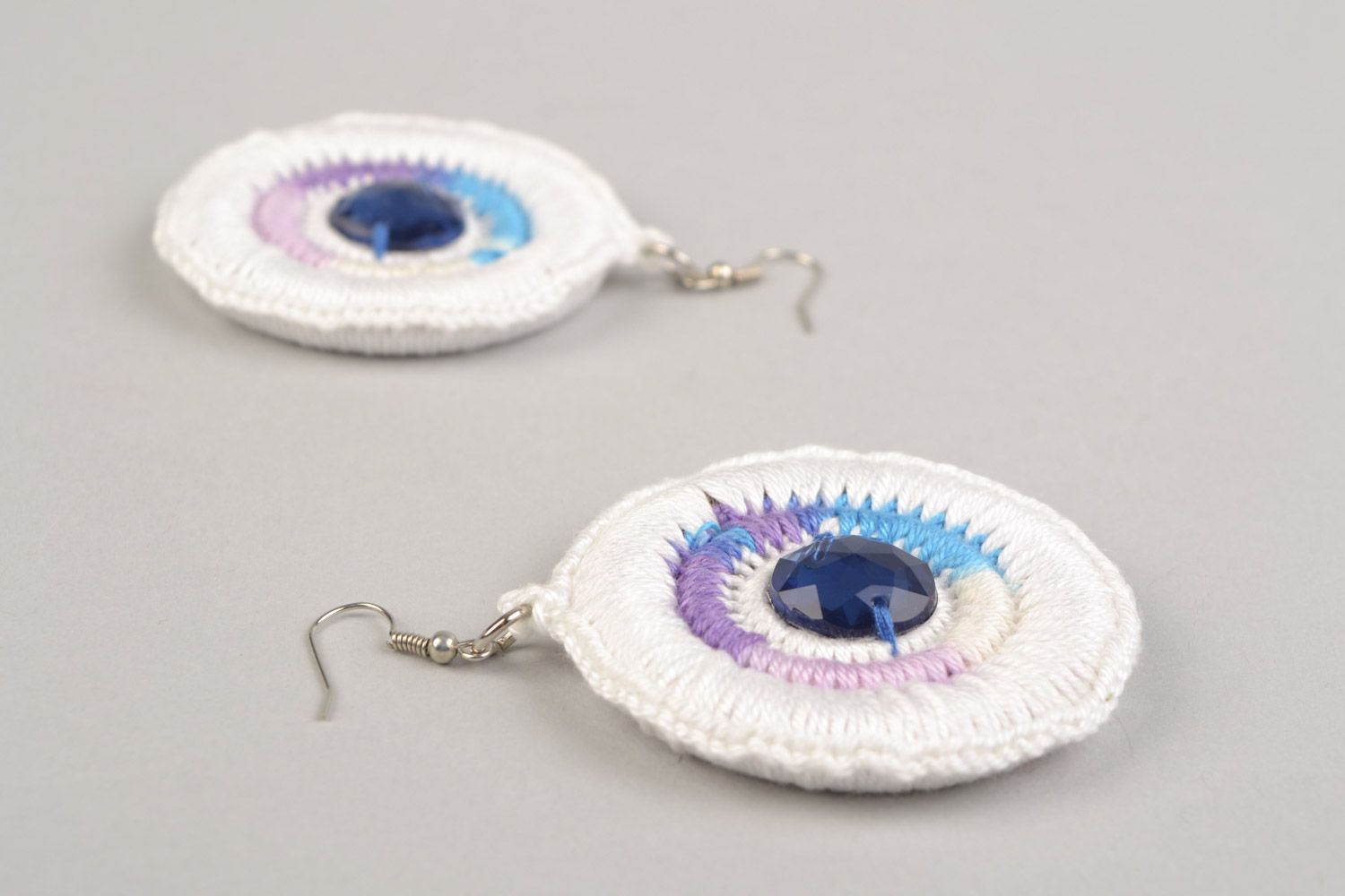 Handmade round dangling earrings woven of cotton threads with plastic cabochon photo 5