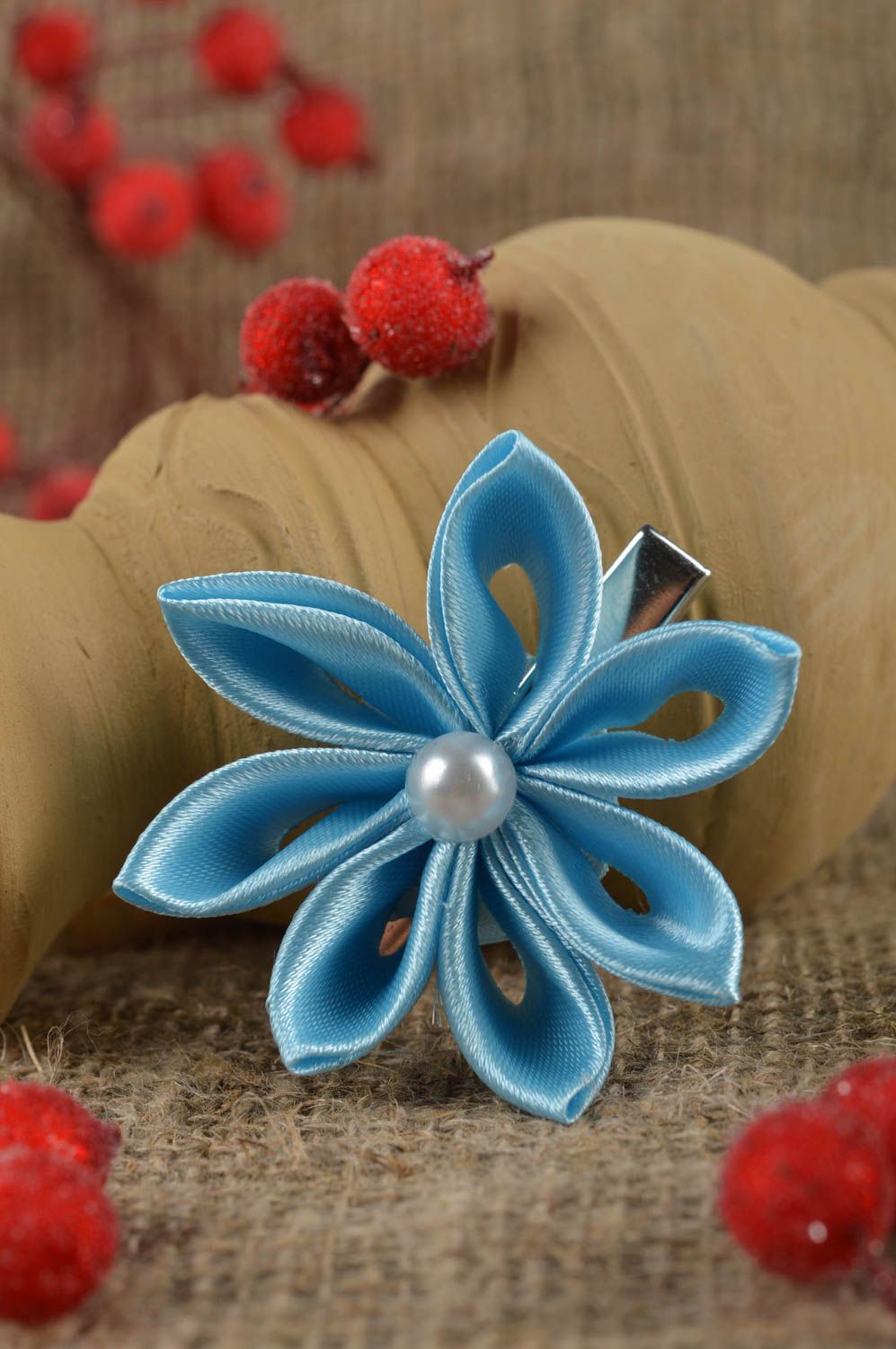 Pinza de pelo artesanal accesorio para niña regalo original Flor azul clara foto 1