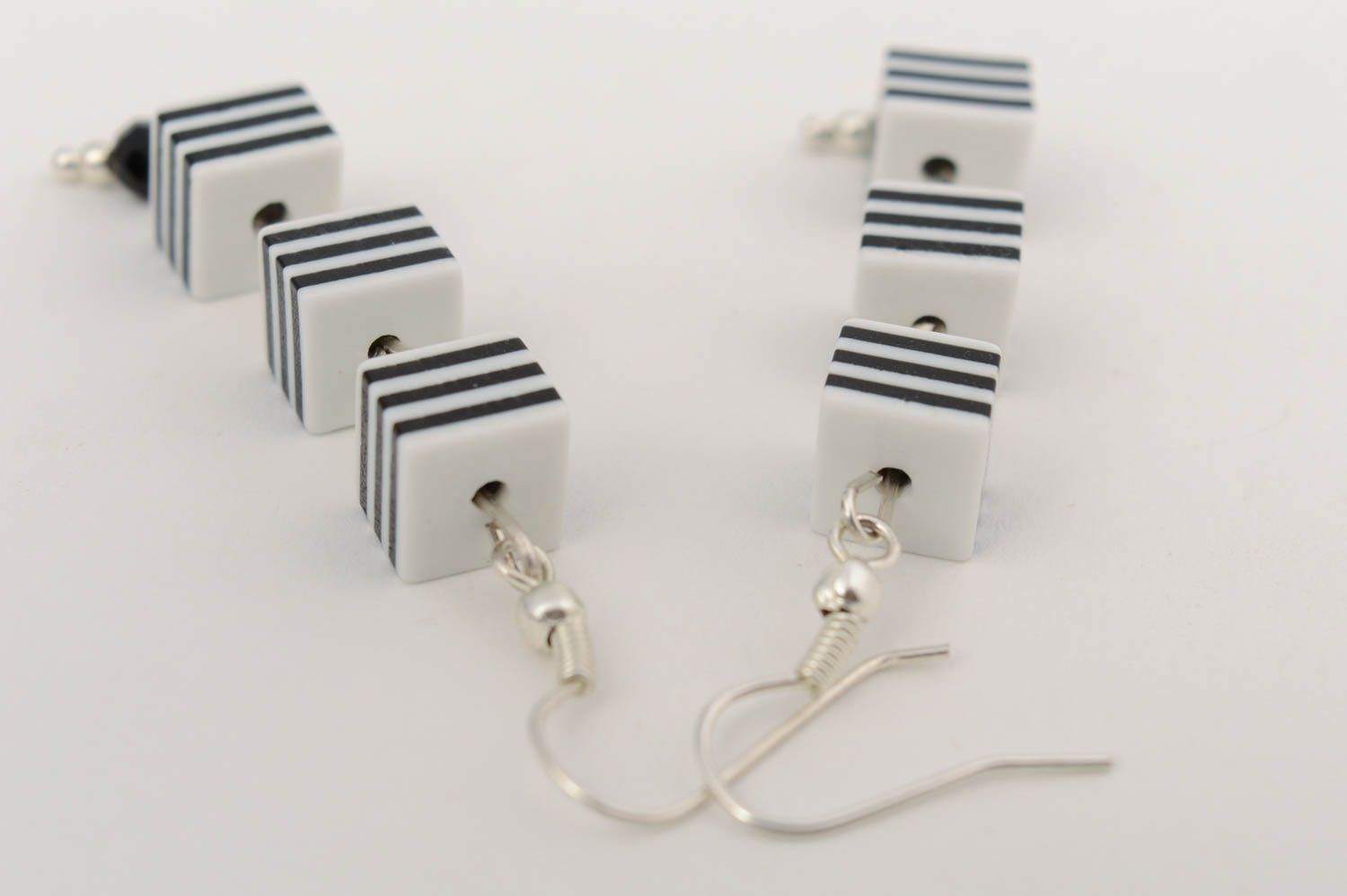 Handmade long dangle striped white and black polymer clay earrings photo 4