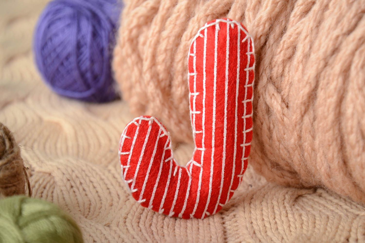 Handmade small red and white striped felt educational soft toy letter J for kids photo 1