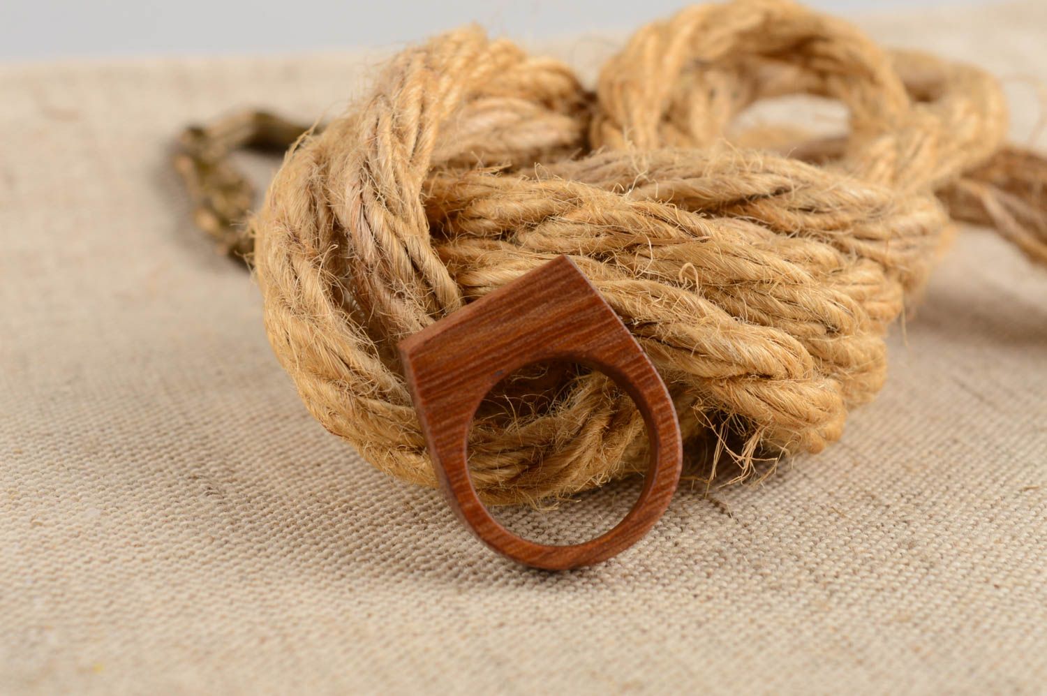 Handmade designer light brown female ring made of wood of unusual shape photo 1