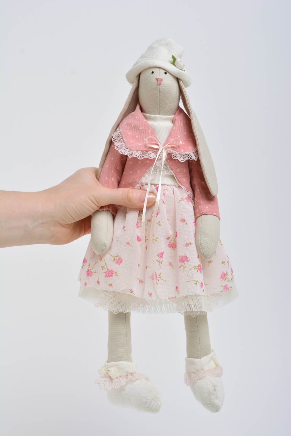 Handmade designer interior soft doll rabbit girl in pink clothing and white hat photo 4