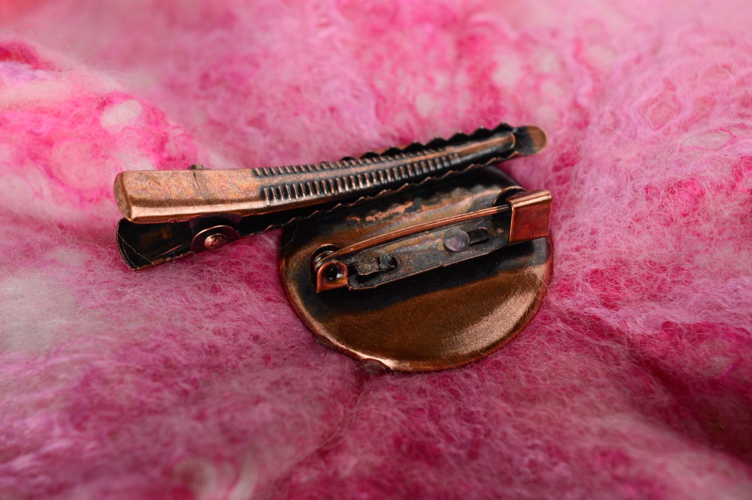 Handmade felted wool brooch-hair clip Pink Peony  photo 4