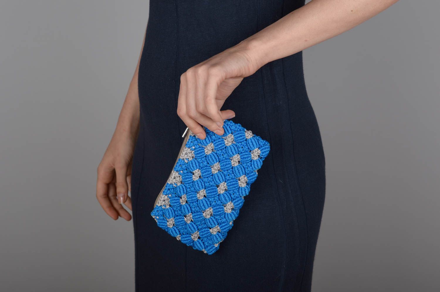 Handmade Makramee Tasche Kosmetiktasche für Handtasche Damen Accessoire blau foto 1