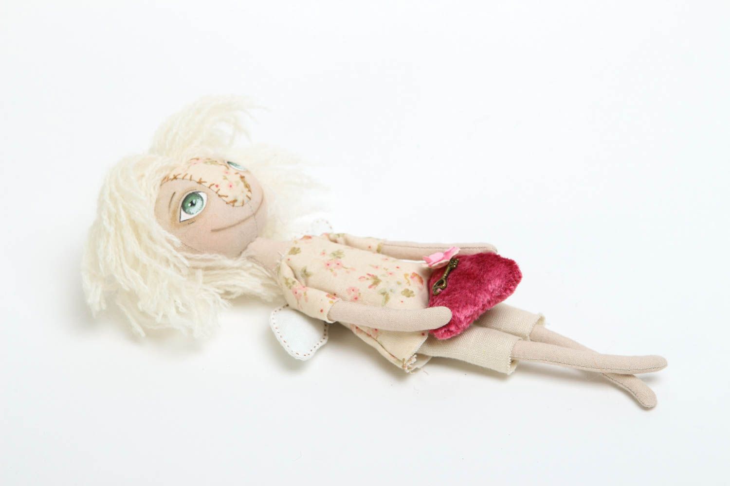 Angelo con cuore in cotone fatto a mano bambola tessile originale decoro casa foto 3