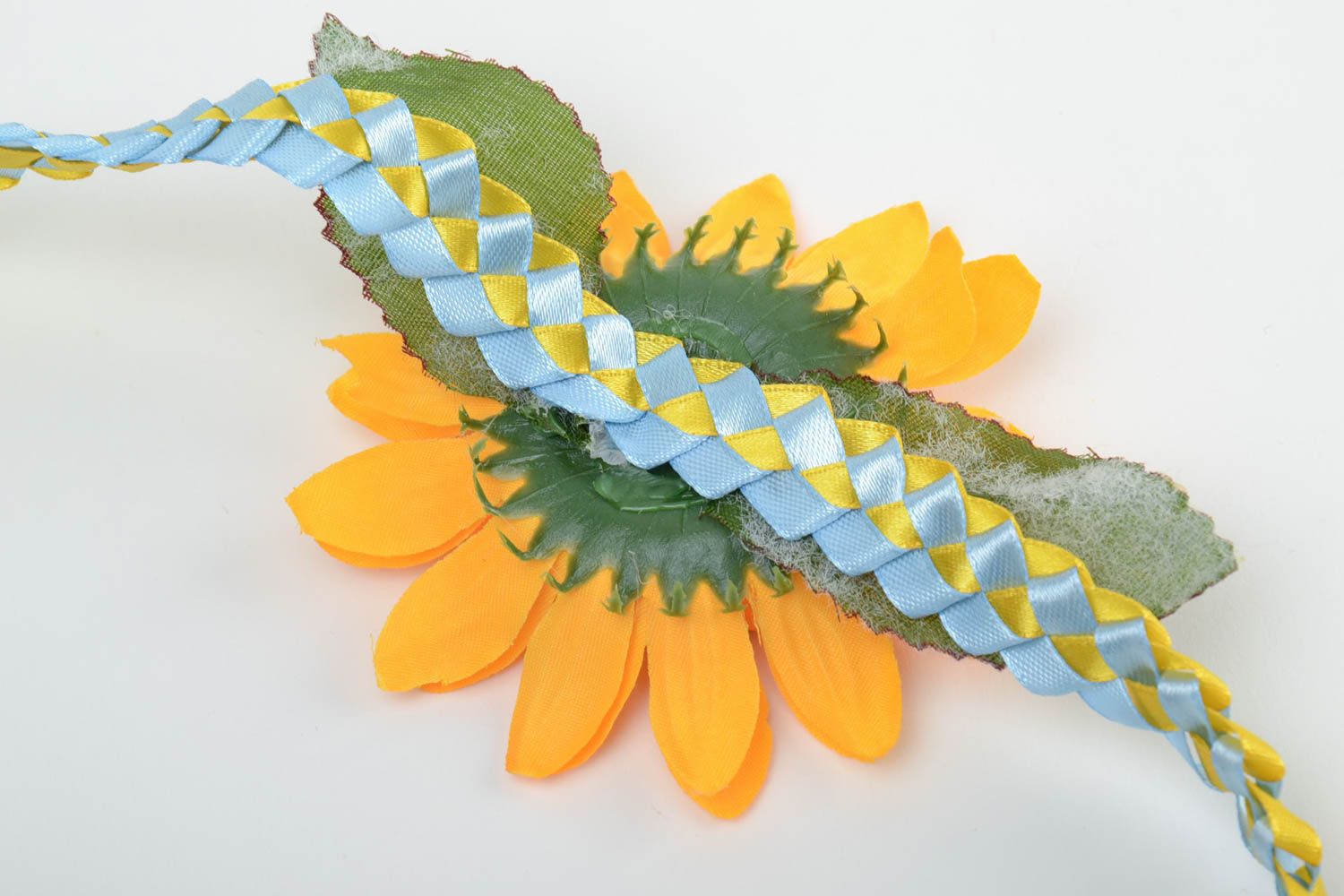 Handmade decorative colorful satin ribbon woven headband with volume sunflower photo 4
