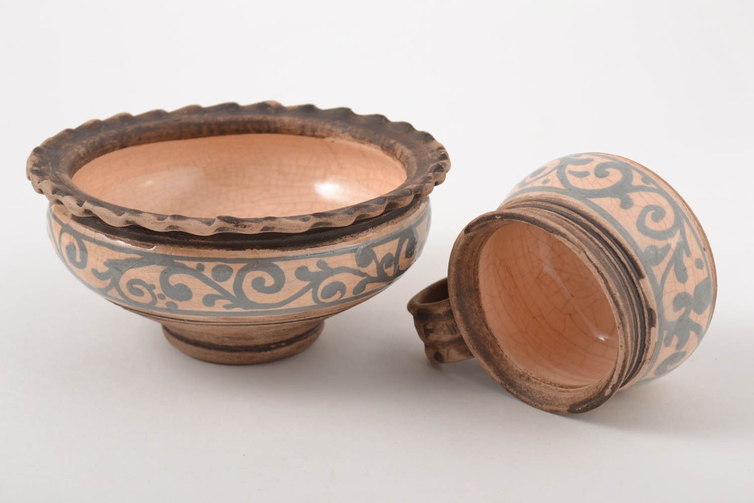 Decorative set of clay handmade pottery of the bowl and cup with rustic style pattern photo 5