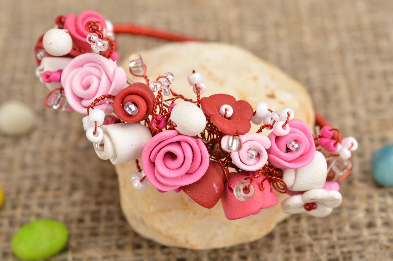 Handmade wrist bracelet made of polymer clay on metal base with flowers photo 1