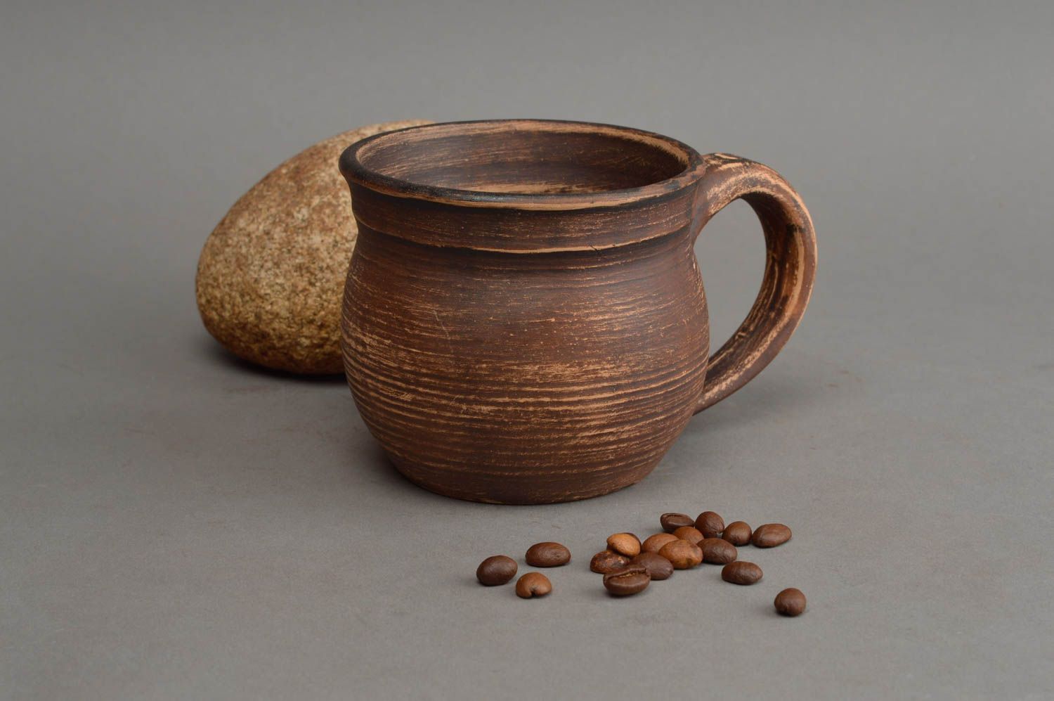 Brown 8 oz cup red clay rustic style pottery with handle and no pattern photo 1
