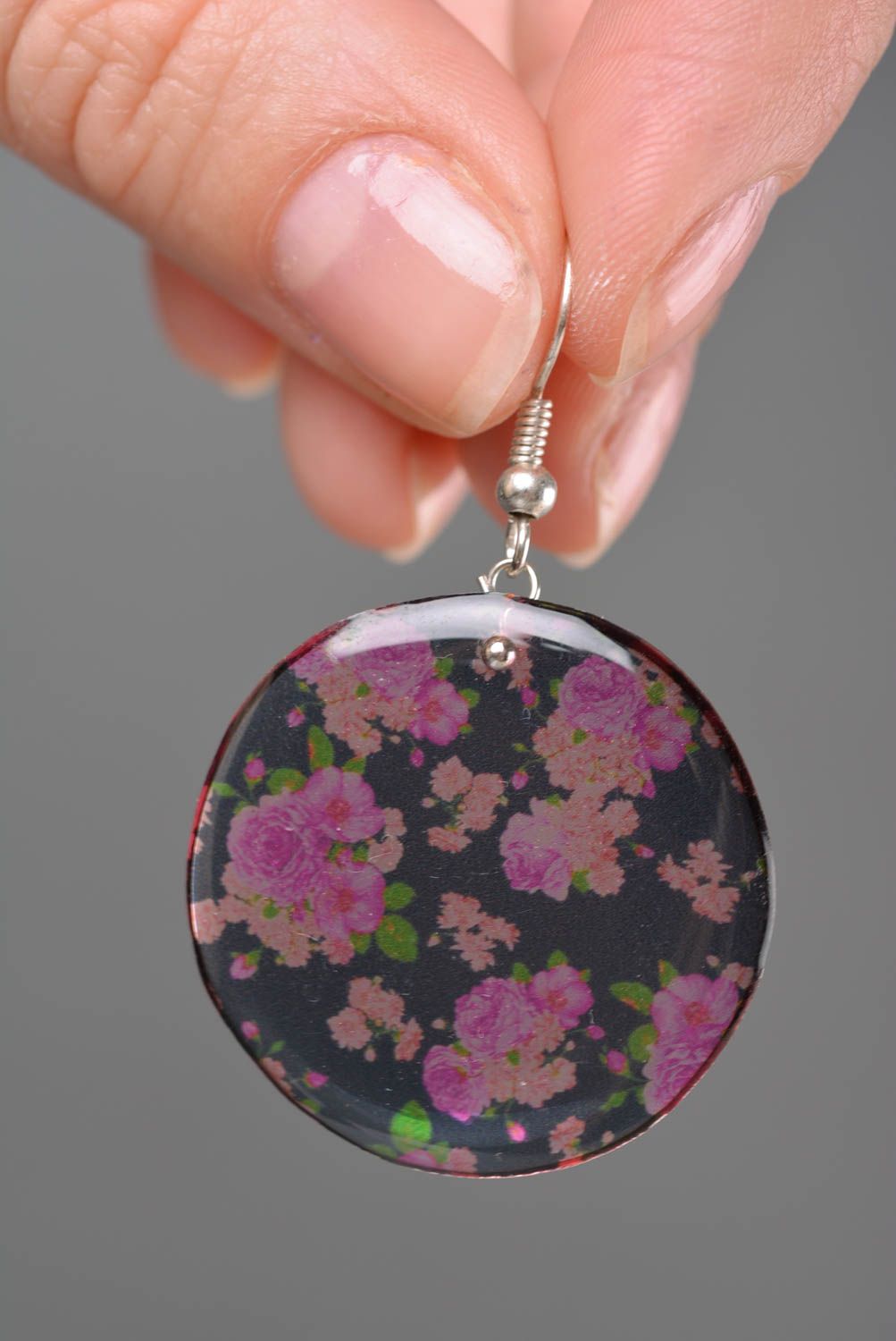 Handmade flower earrings made of epoxy resin with print with decoupage   photo 2