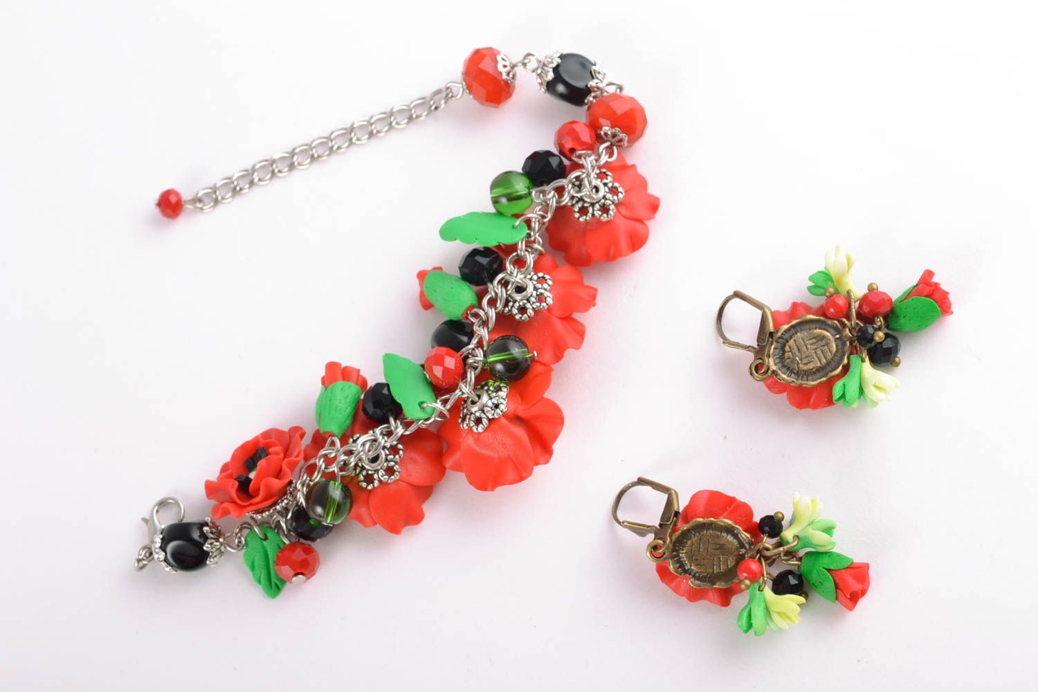 Set of charm jewelry of red hot poppy earrings and chain bracelet photo 4