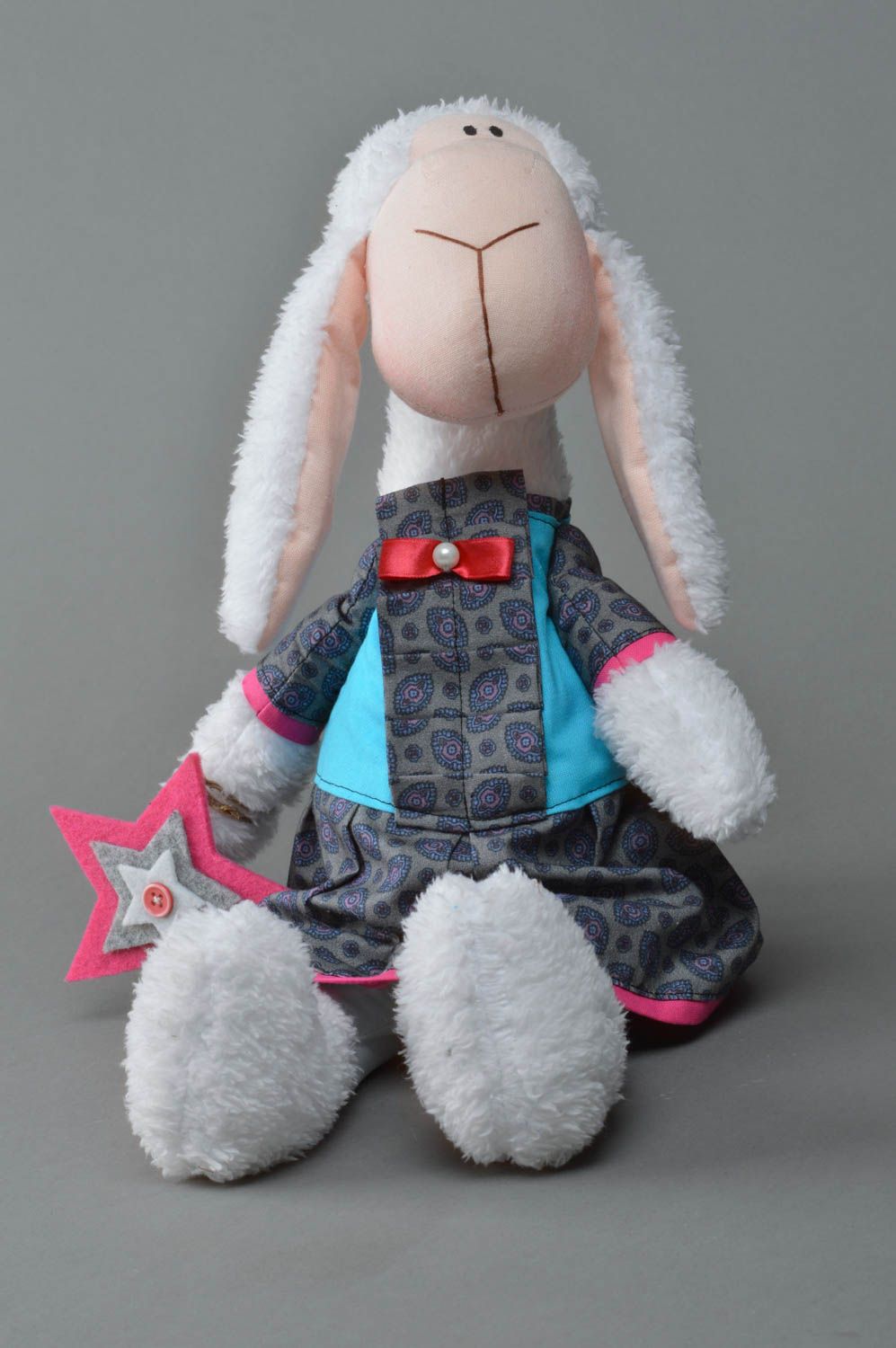 Handmade designer faux fur soft toy white lamb in dress with felt star photo 2