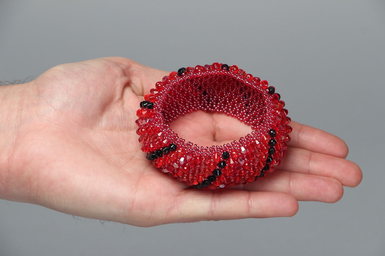 Red handmade beaded bangle bracelet with crystal beads for girls photo 3