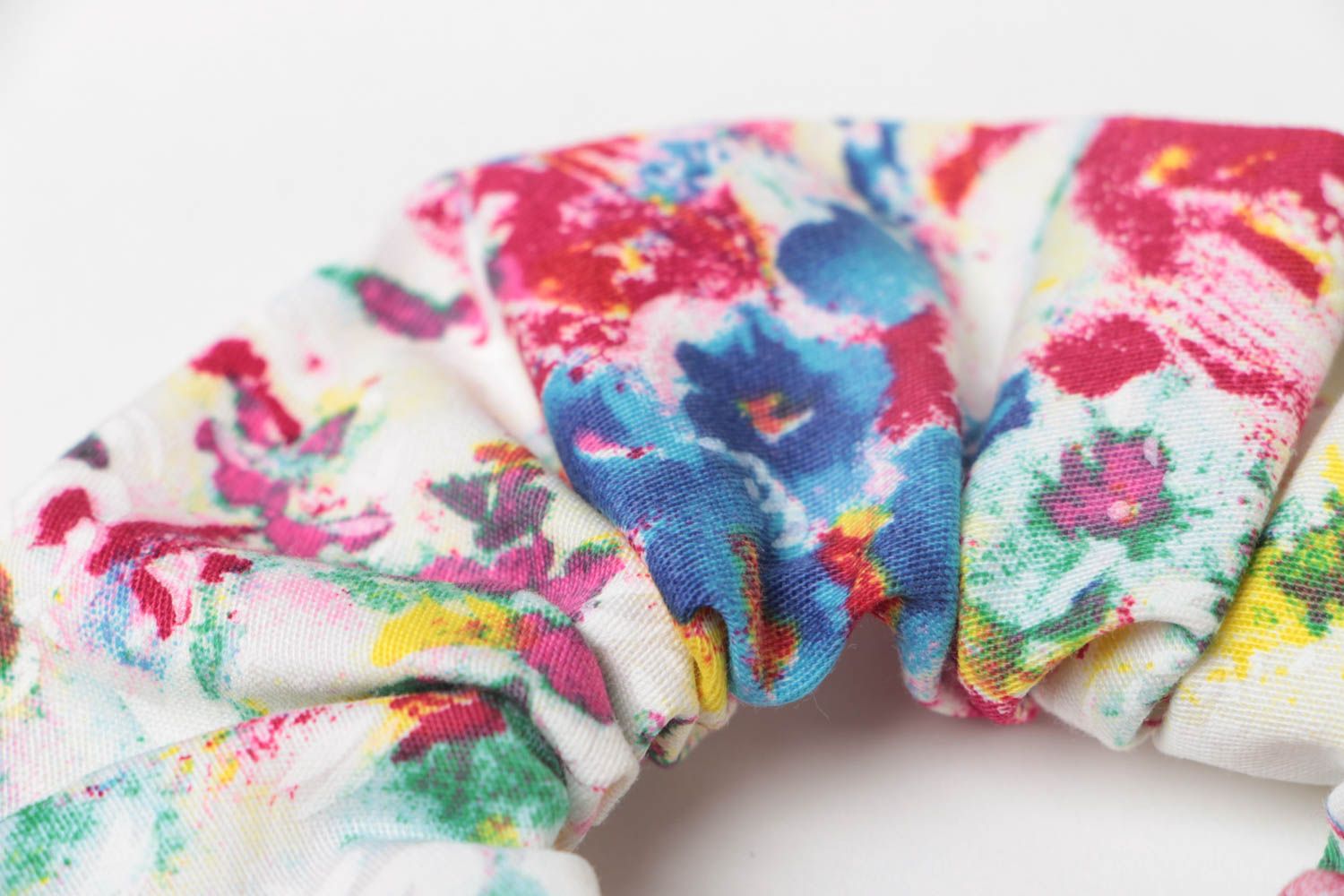 Decorative wide handmade volume elastic hair tie sewn of colorful fabric photo 4