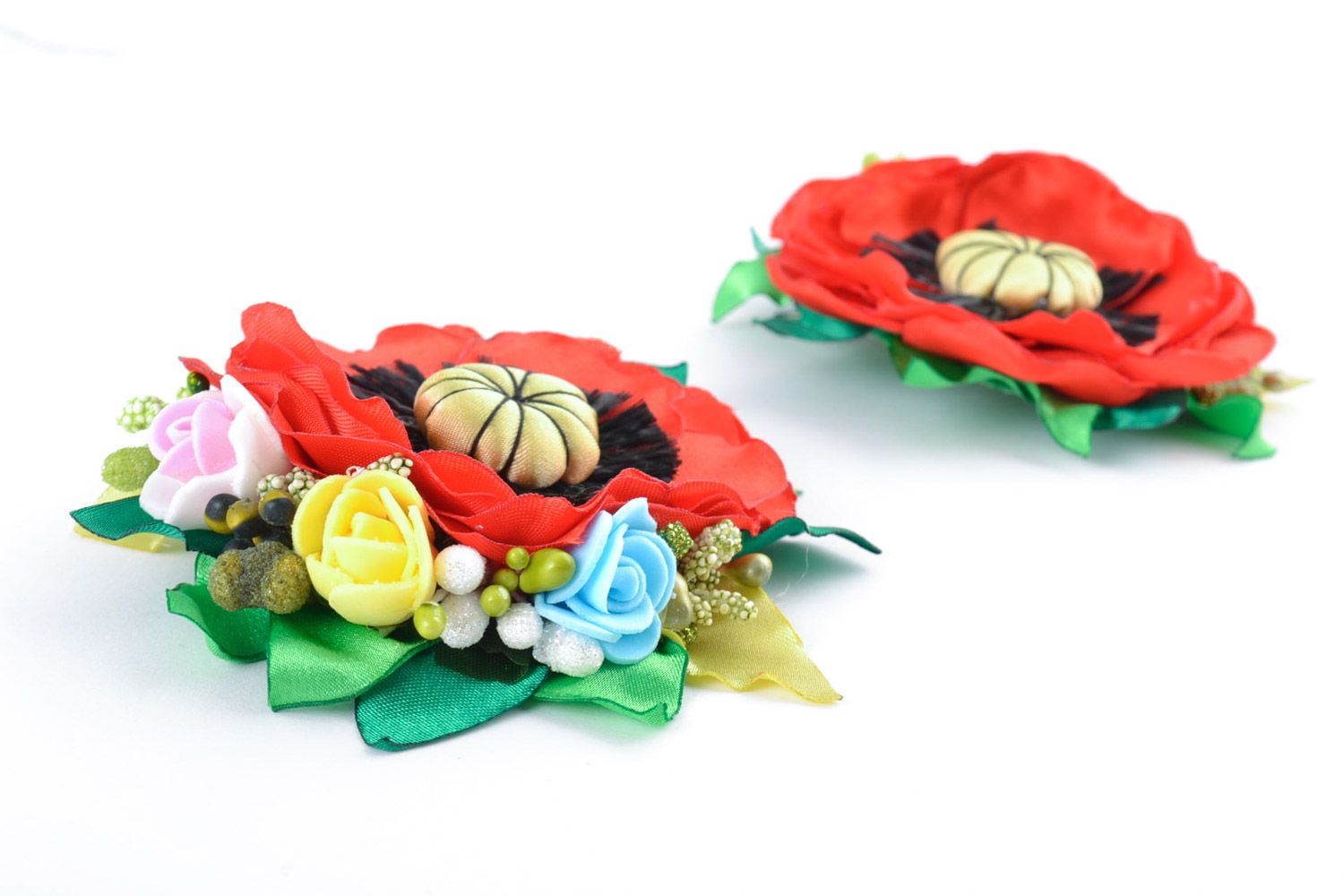 Set of 2 handmade decorative hair clips with colorful felt and satin flowers photo 5