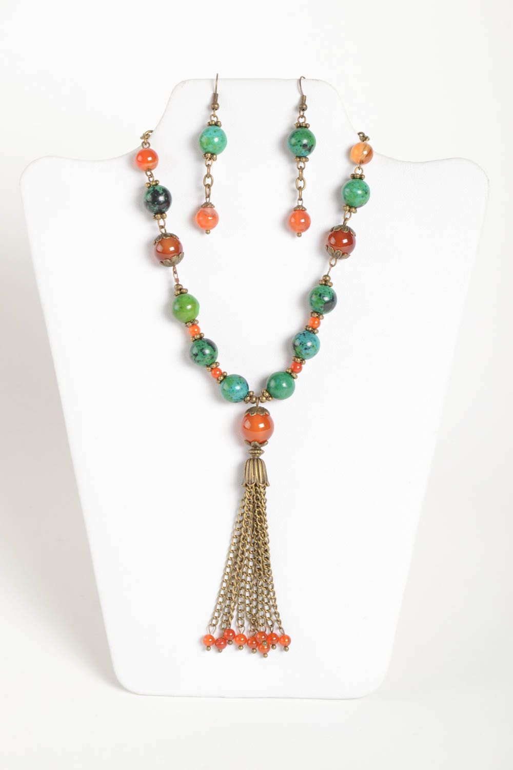 Handmade elite jewelry set unusual beautiful earrings beaded colorful necklace photo 2