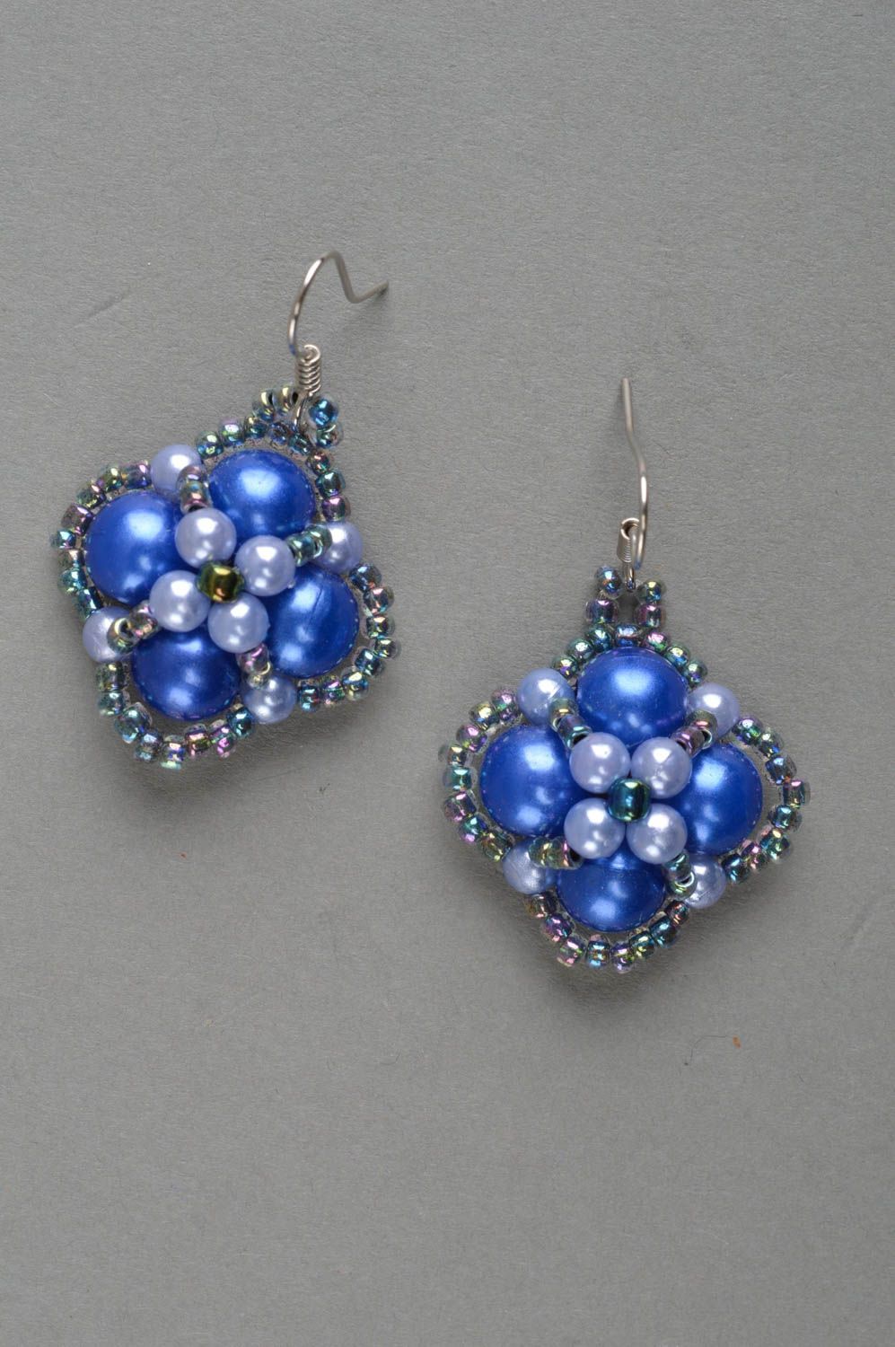 Handmade unusual earrings beaded blue accessories designer jewelry present photo 2