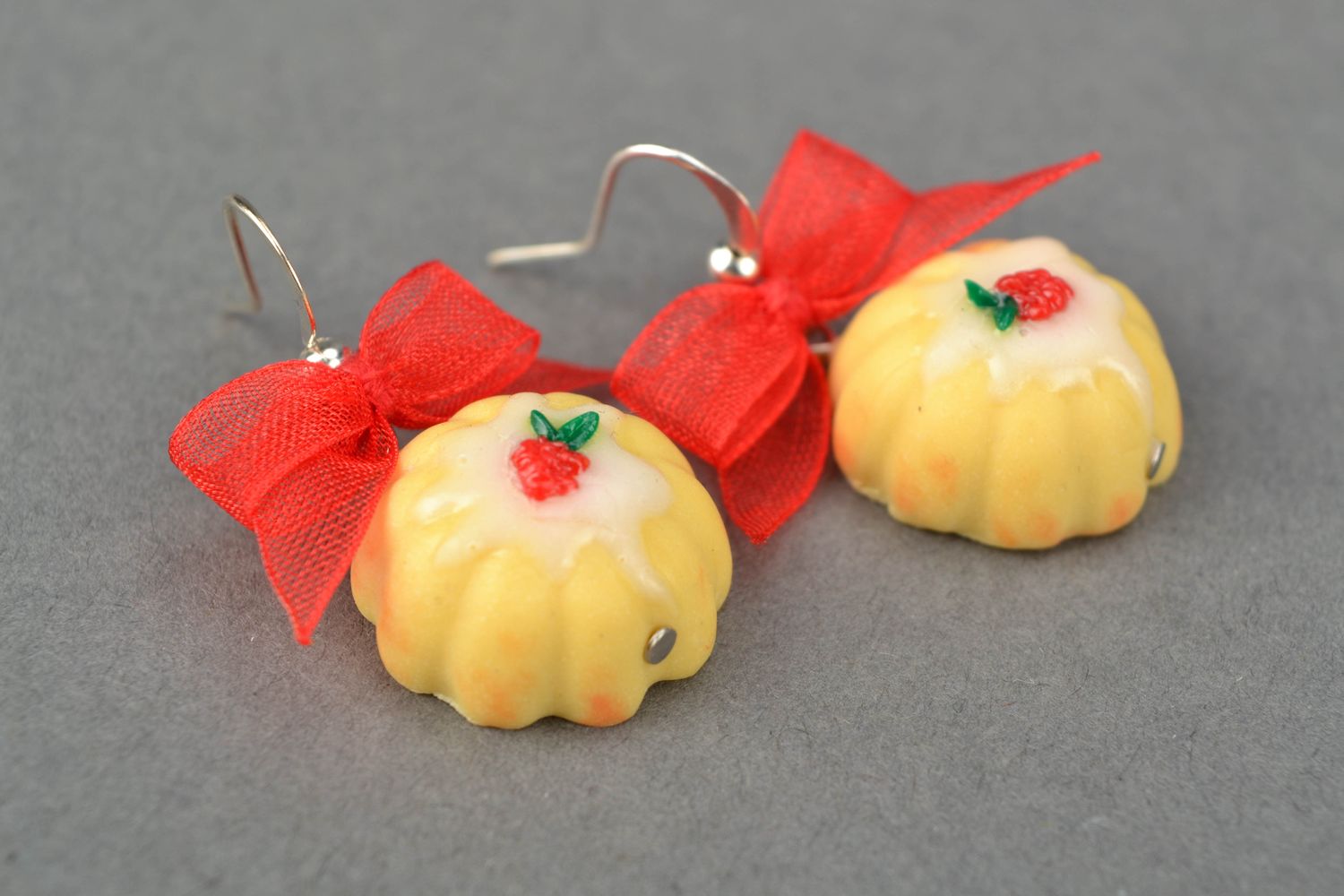 Polymer clay earrings in the shape of cakes with bows photo 3