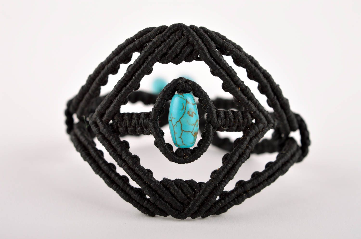 Модный браслет украшение ручной работы черный браслет из ниток с бирюзой фото 3