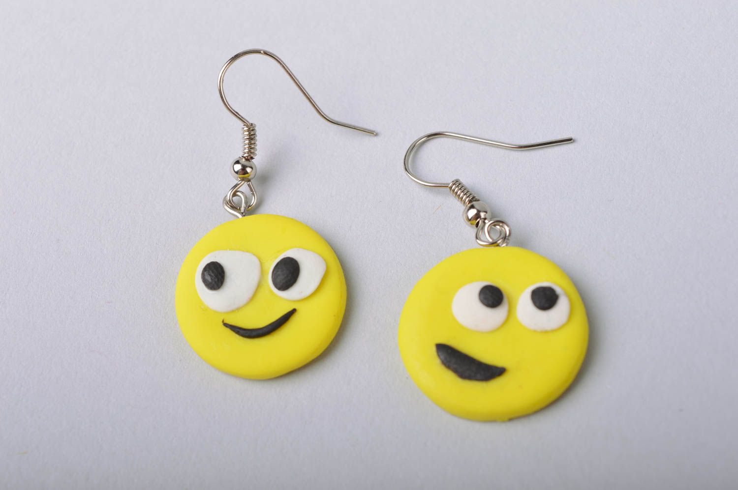 Handmade beautiful round yellow earrings smiles made of cold porcelain photo 2