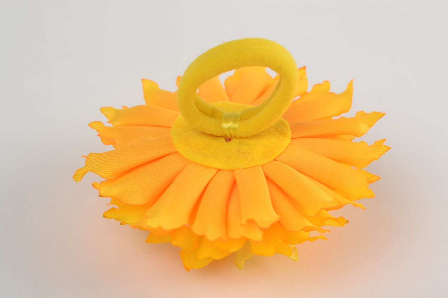 Handmade decorative hair band with large volume satin ribbon yellow flower  photo 5