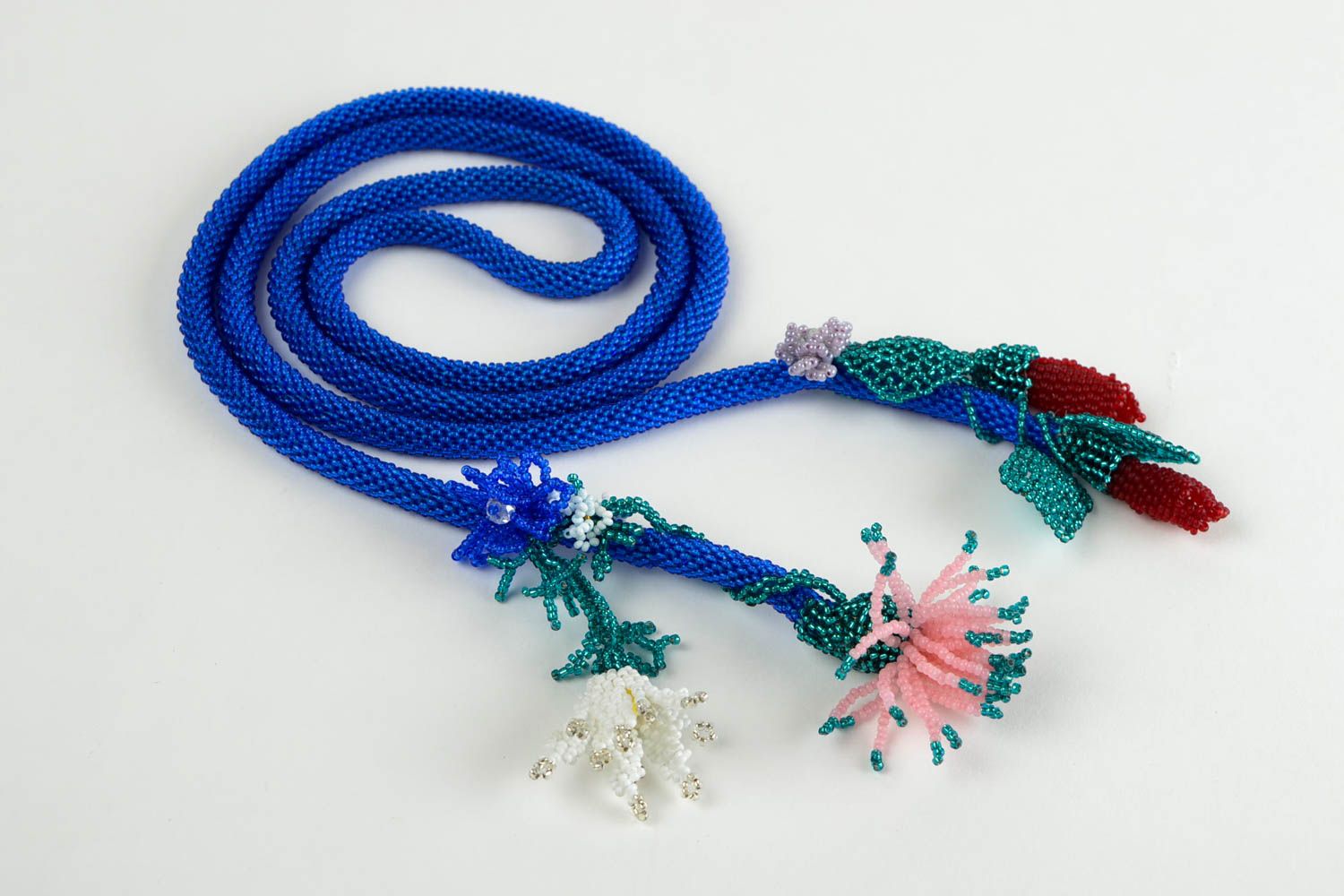 Collier lariat Bijou fait main bleu fleurs perles de rocaille Accessoire femme photo 5