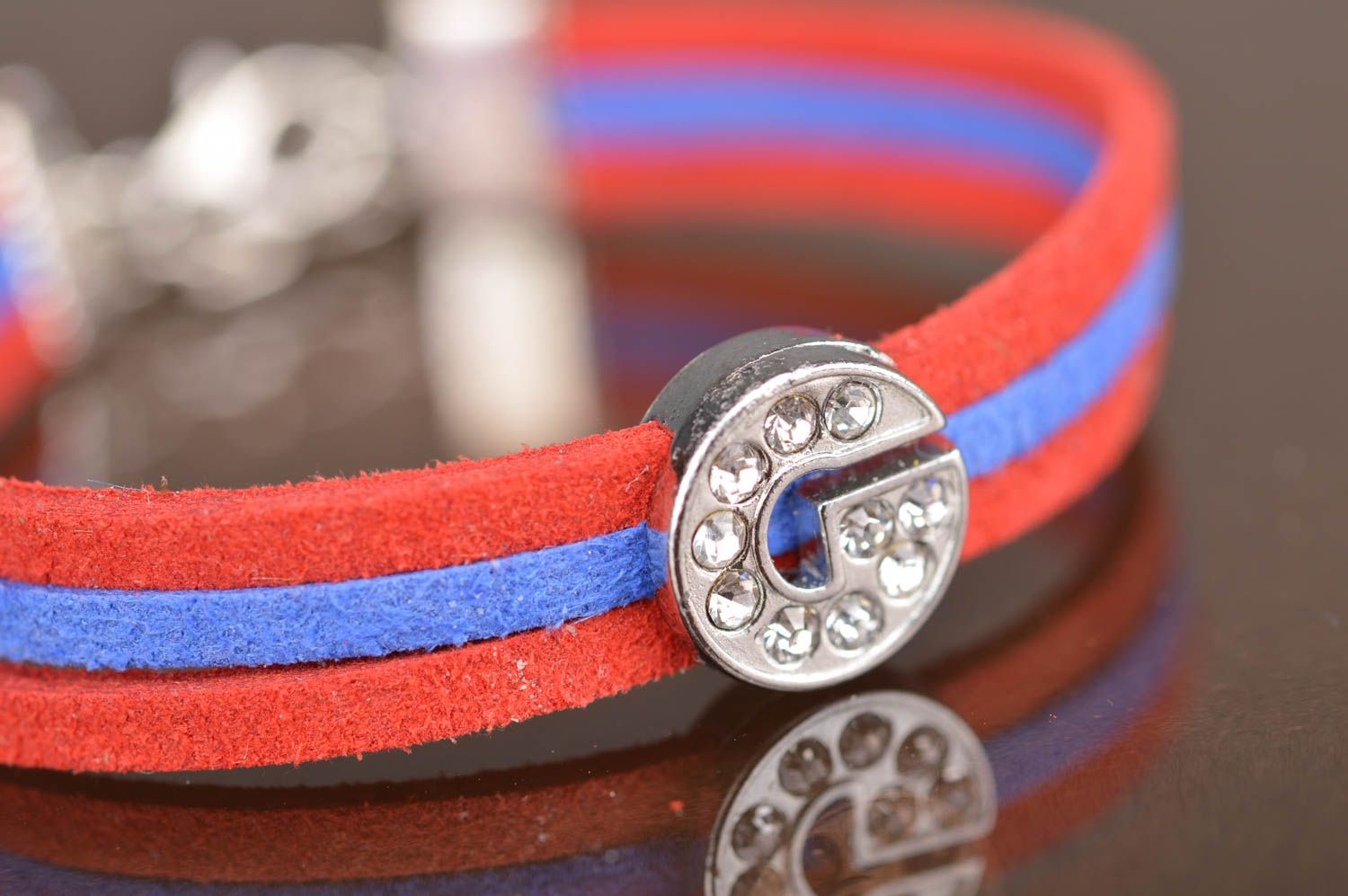 Red and blue beautiful handmade designer suede cord bracelet with letter G photo 3