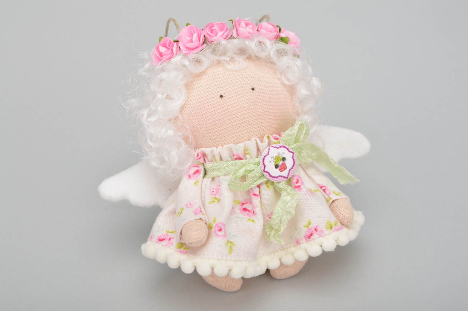 Beautiful small handmade fabric soft doll with wings and wreath interior hanging photo 2