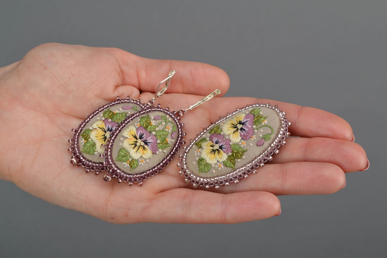 Embroidered earrings and brooch with beads  photo 2