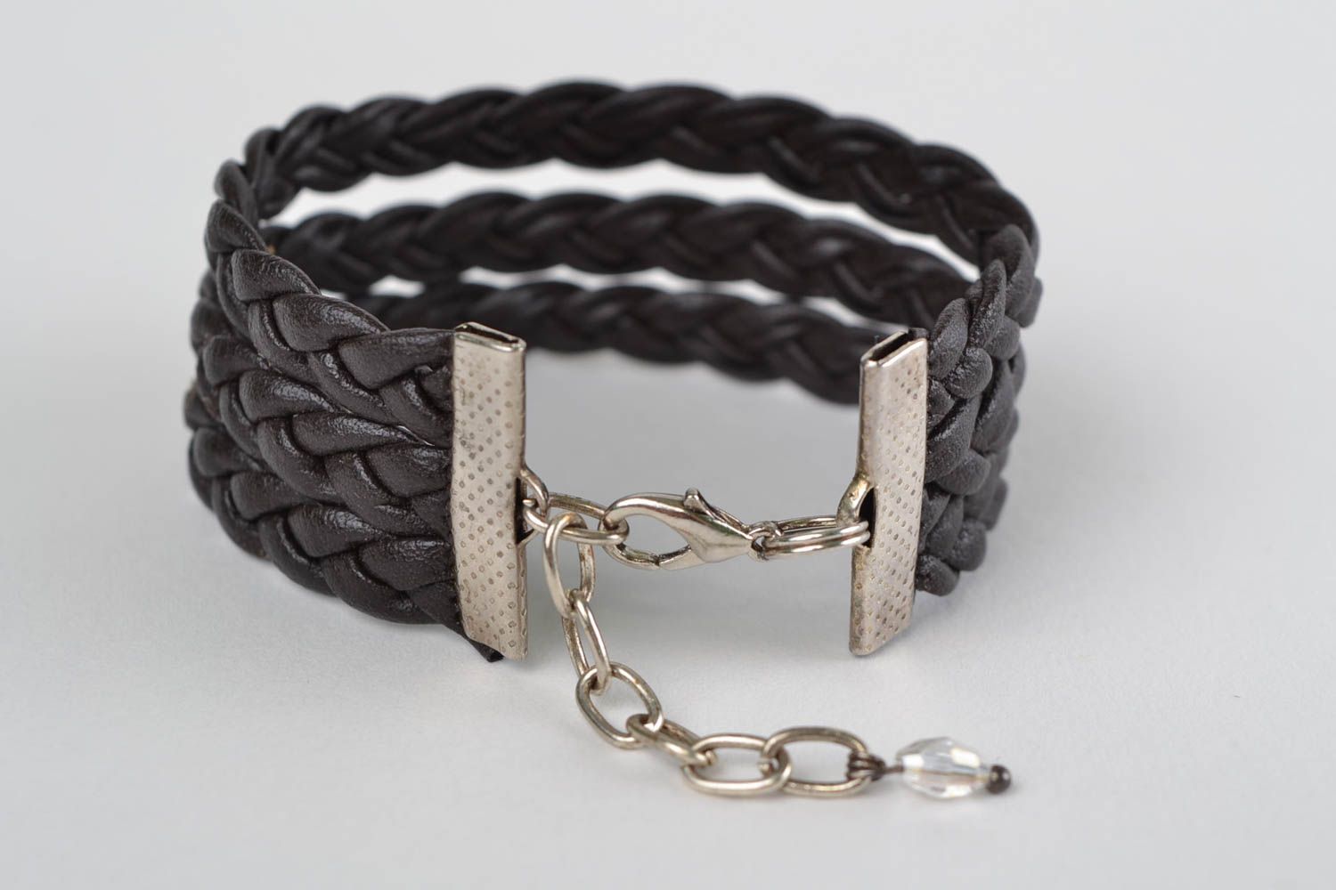 Unusual handmade braided faux leather wrist bracelet of black color photo 4