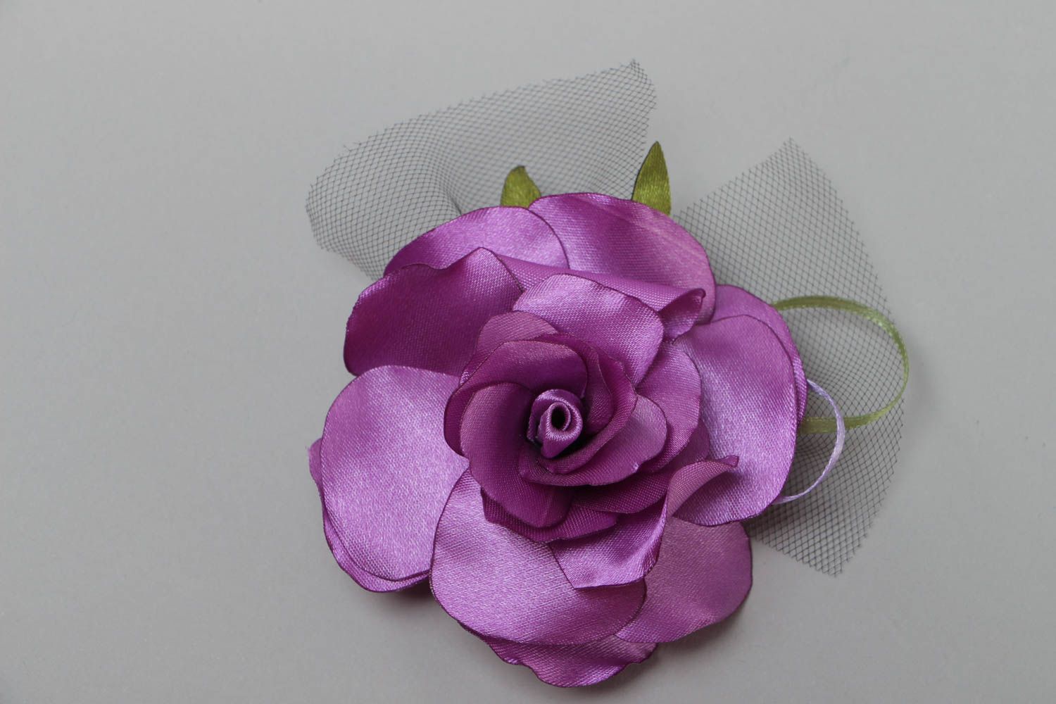 Handmade decorative hair clip with large volume satin rose flower of violet color photo 2