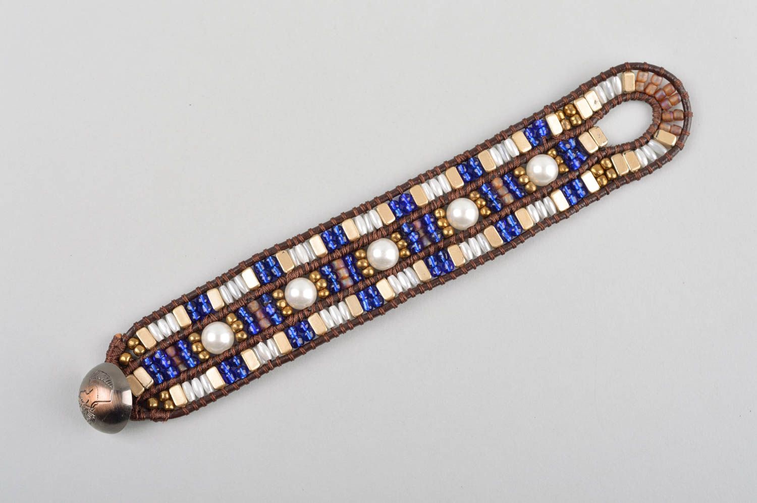 Large Bracelet perles rocaille cuir Bijou fait main bleu Accessoire femme design photo 4