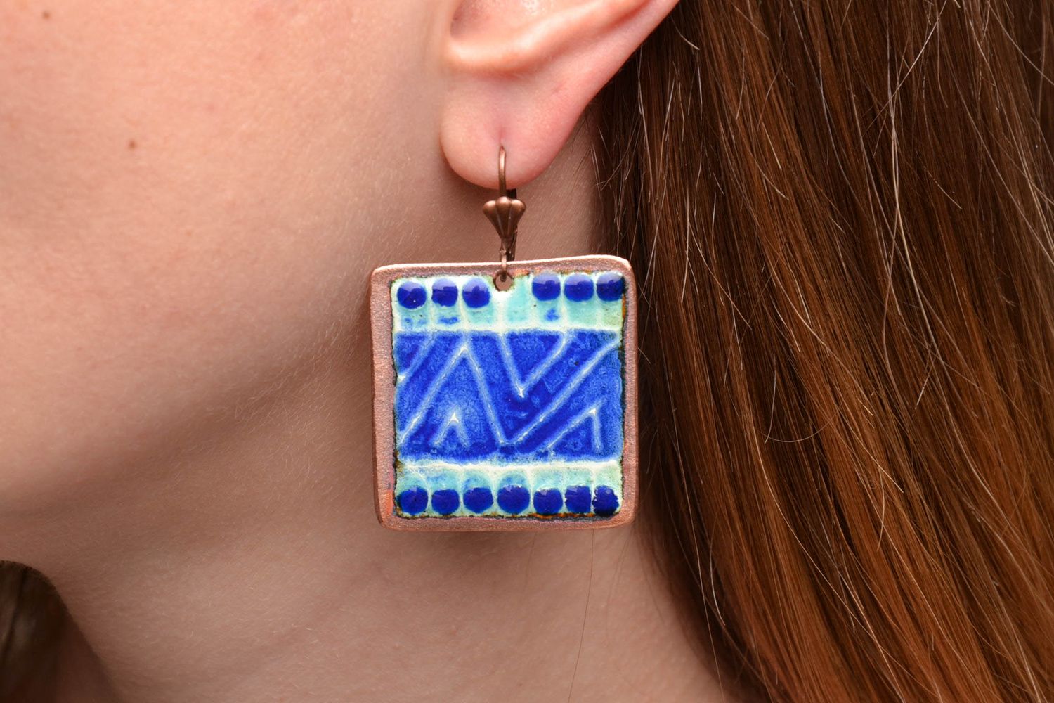 Square copper earrings of blue color photo 2
