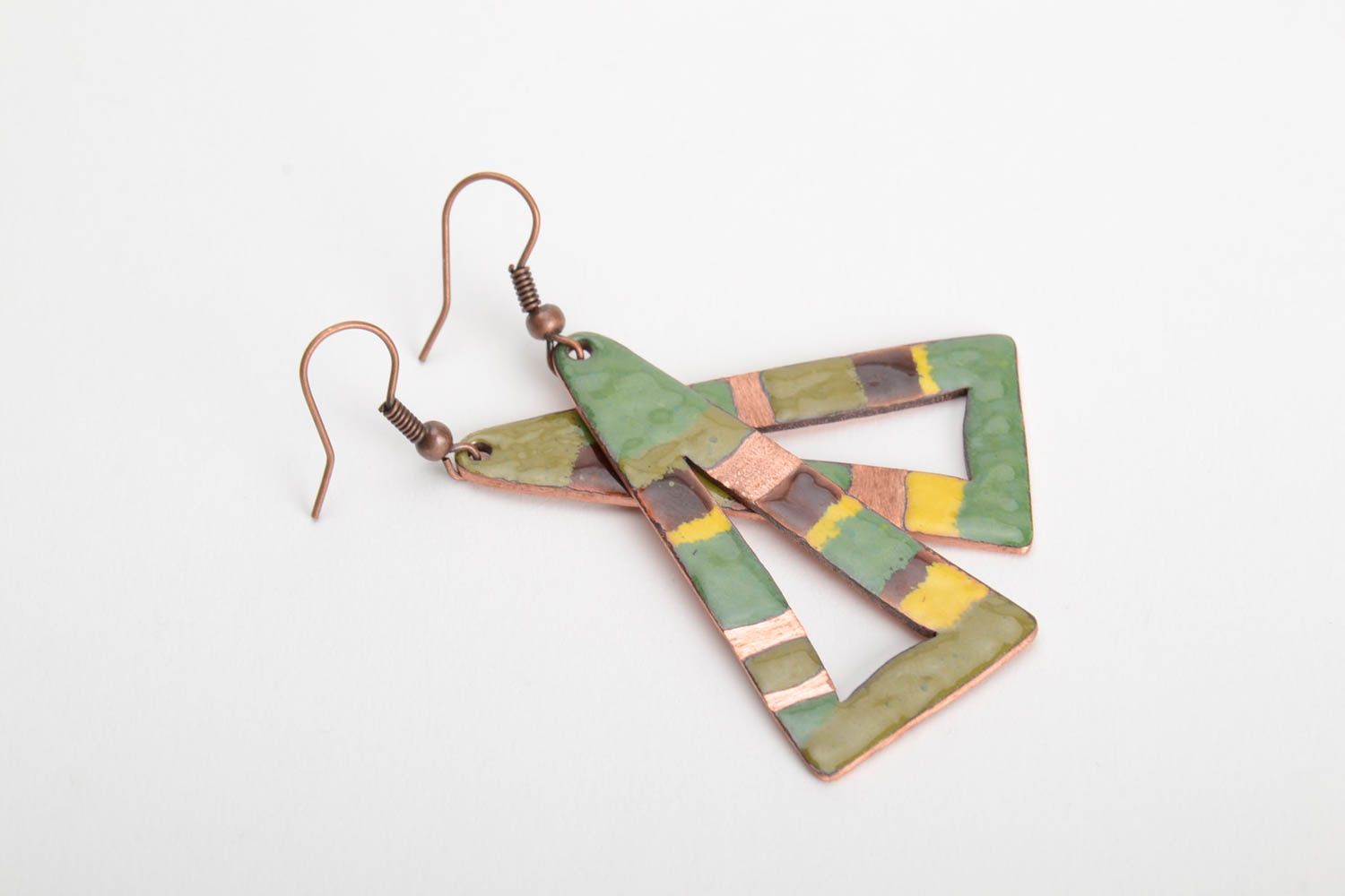 Handmade copper multi-colored triangular earrings with hot enamel stylish gift photo 4