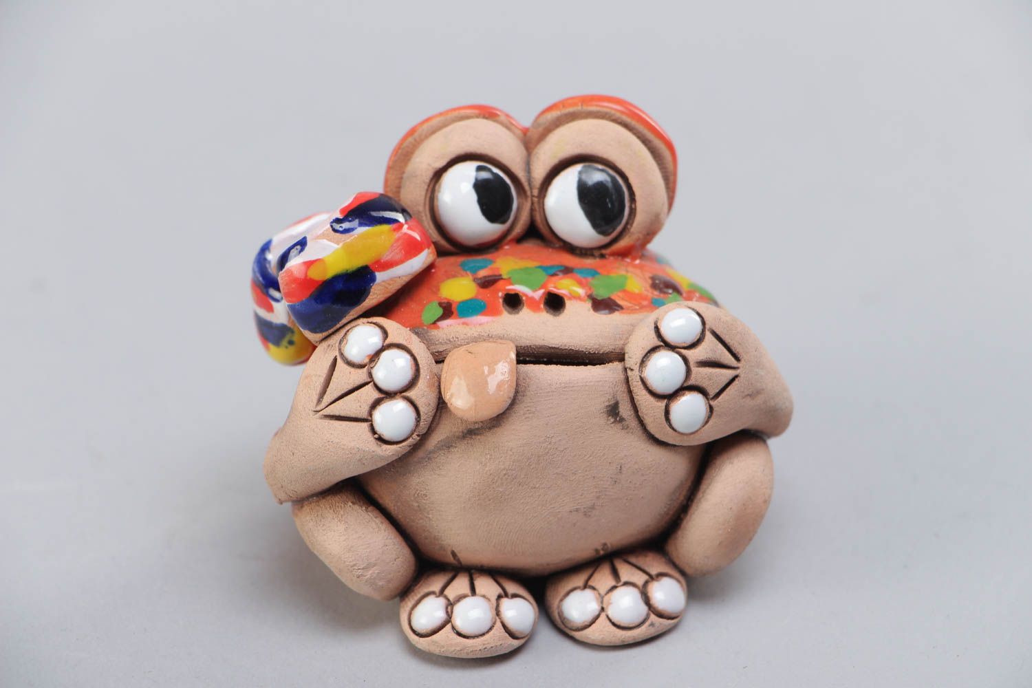 Petite figurine en céramique multicolore peinte faite main grenouille éclatante photo 2