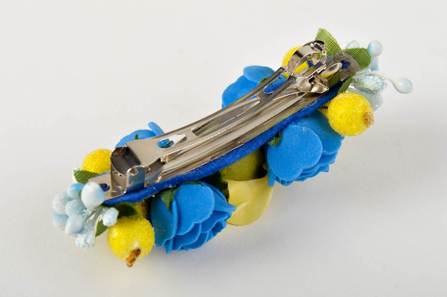 Gelb blaue Haarspange Blumen handmade Damen Modeschmuck Accessoire für Haare foto 3