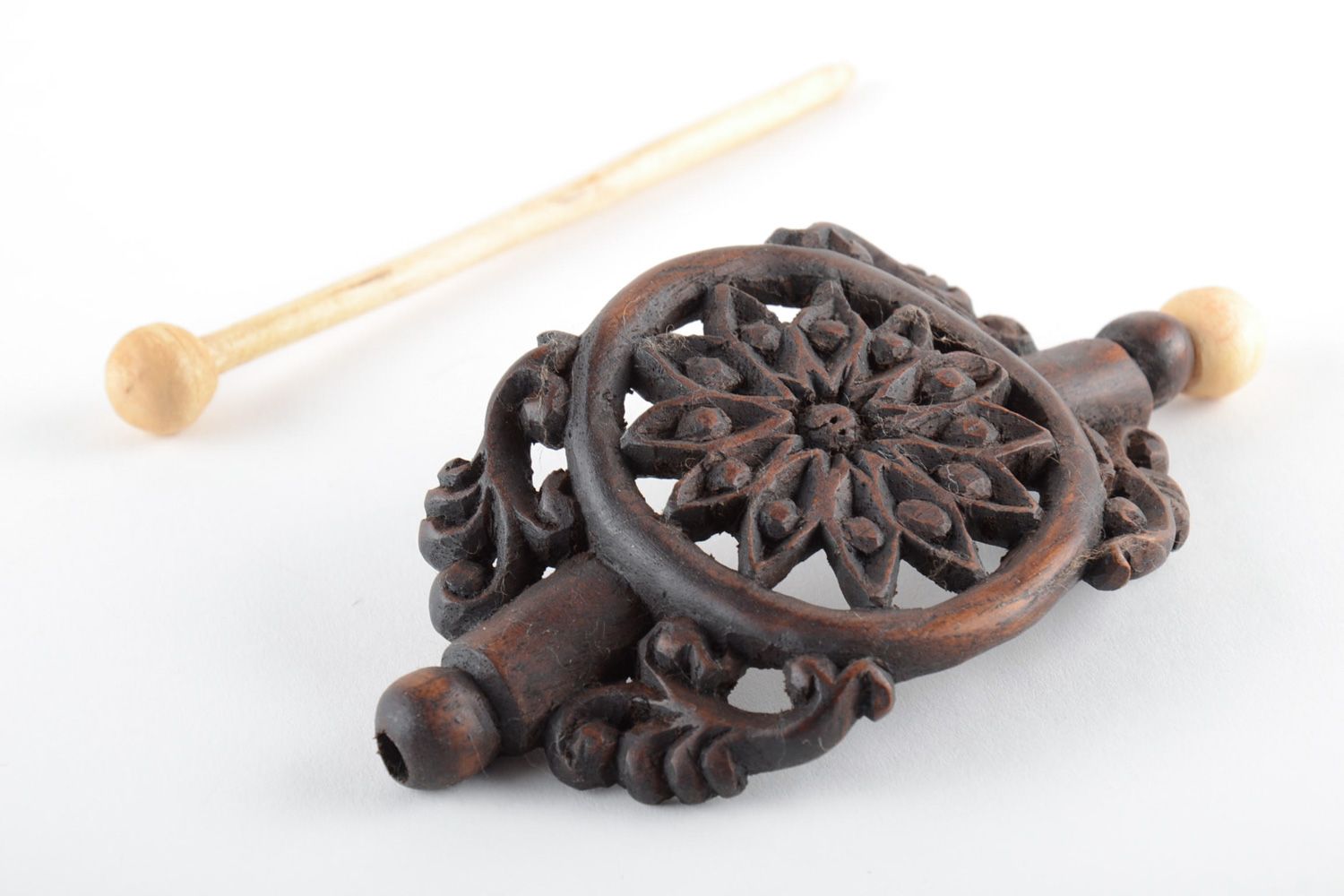 Handmade designer dark tinted wooden hair clip with carved ornament  photo 4
