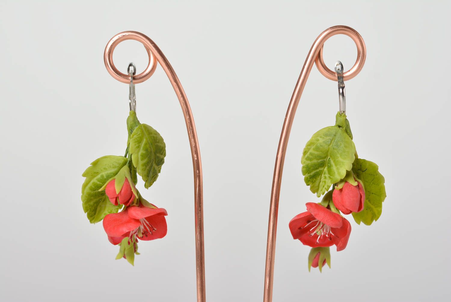 Beautiful handmade molded long polymer clay flower earrings Apple Blossom photo 1