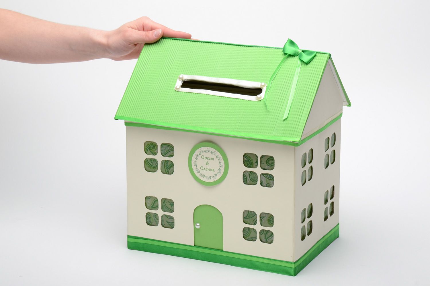 Handmade paper wedding money box house in white and green color palettes  photo 5