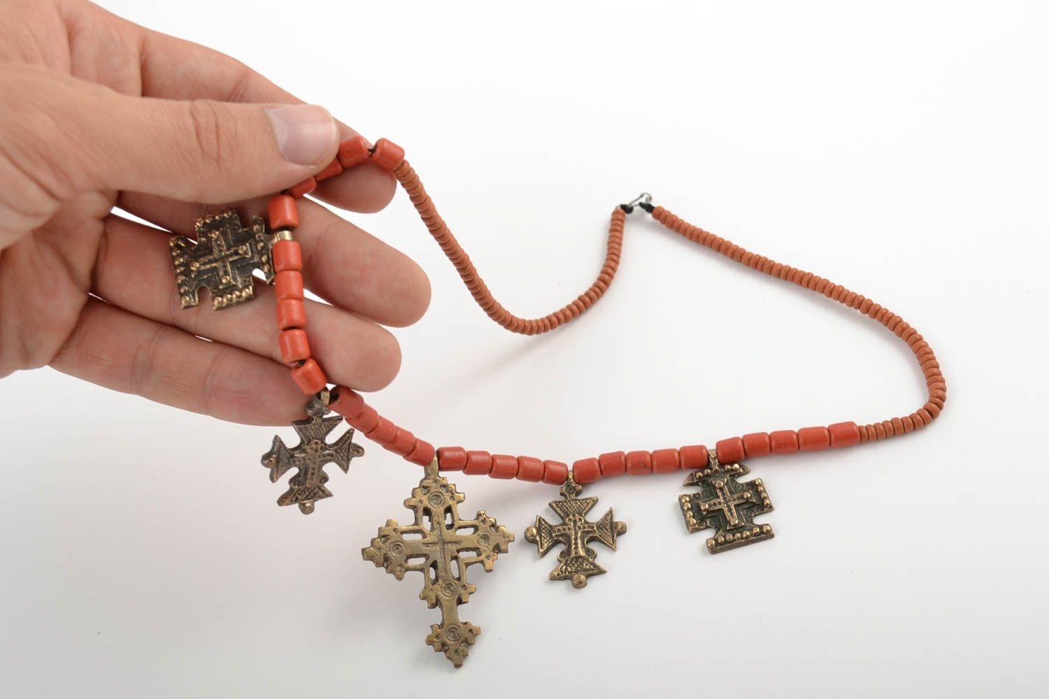 Handmade designer coral necklace with five bronze cross pendant charms for women photo 2