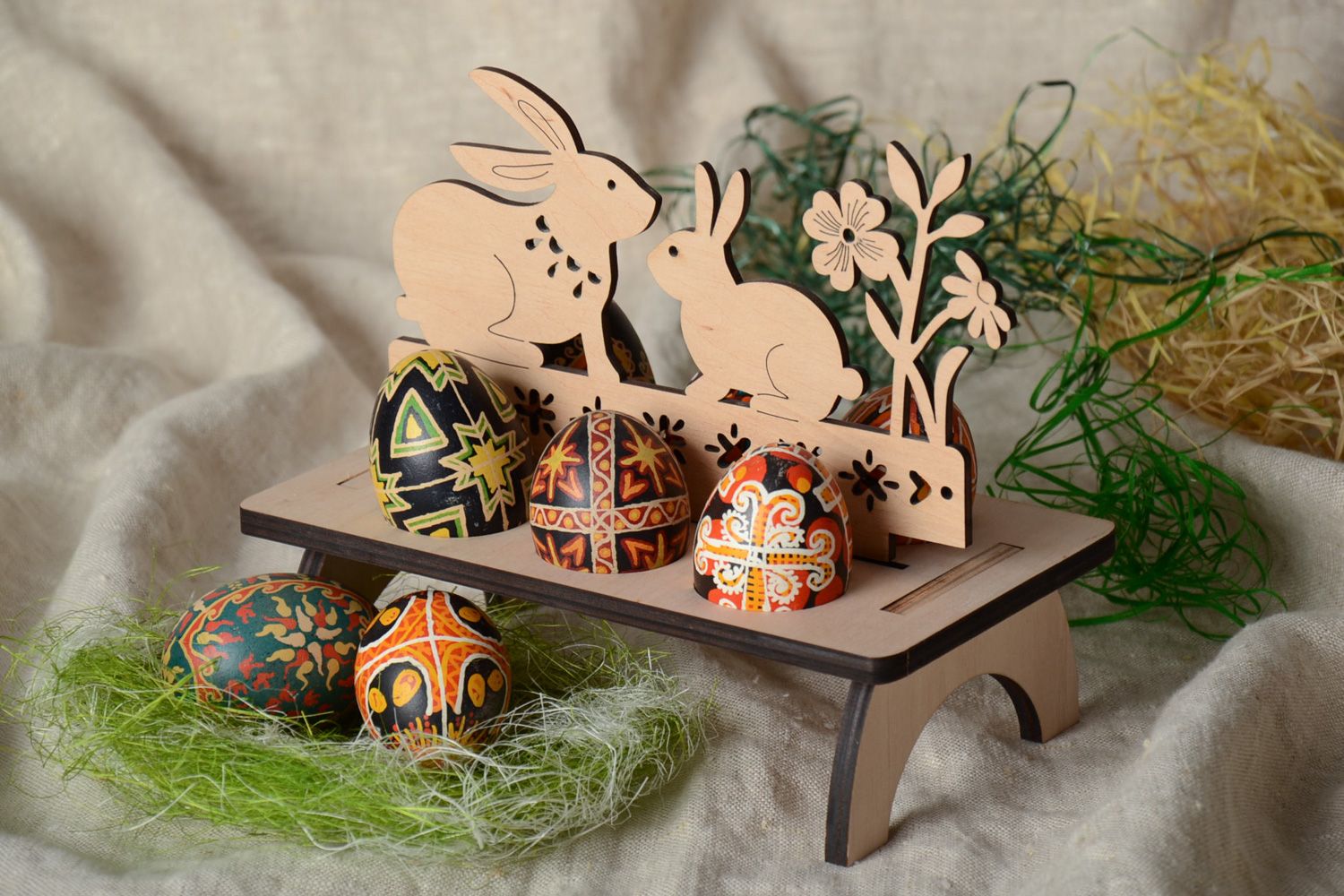 Handmade plywood blank holder for 6 Easter eggs with sack bag photo 1