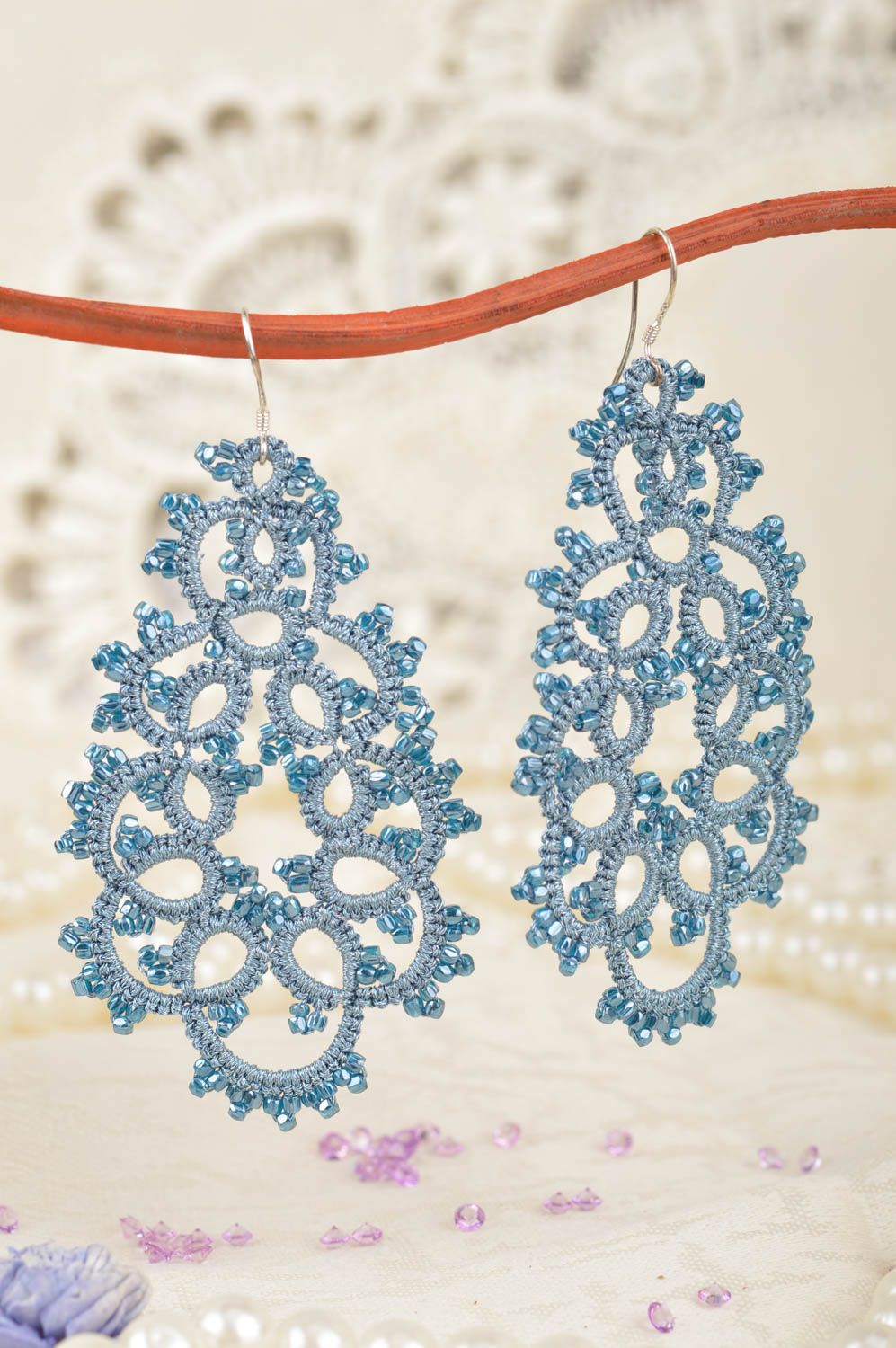 Homemade designer large light blue festive lacy tatted earrings with beads photo 1