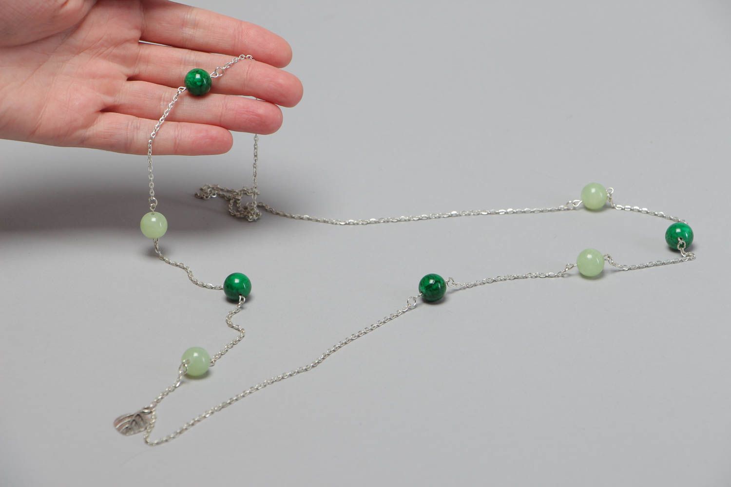 Handmade necklace with natural stones long green accessory jewelry on chain photo 5