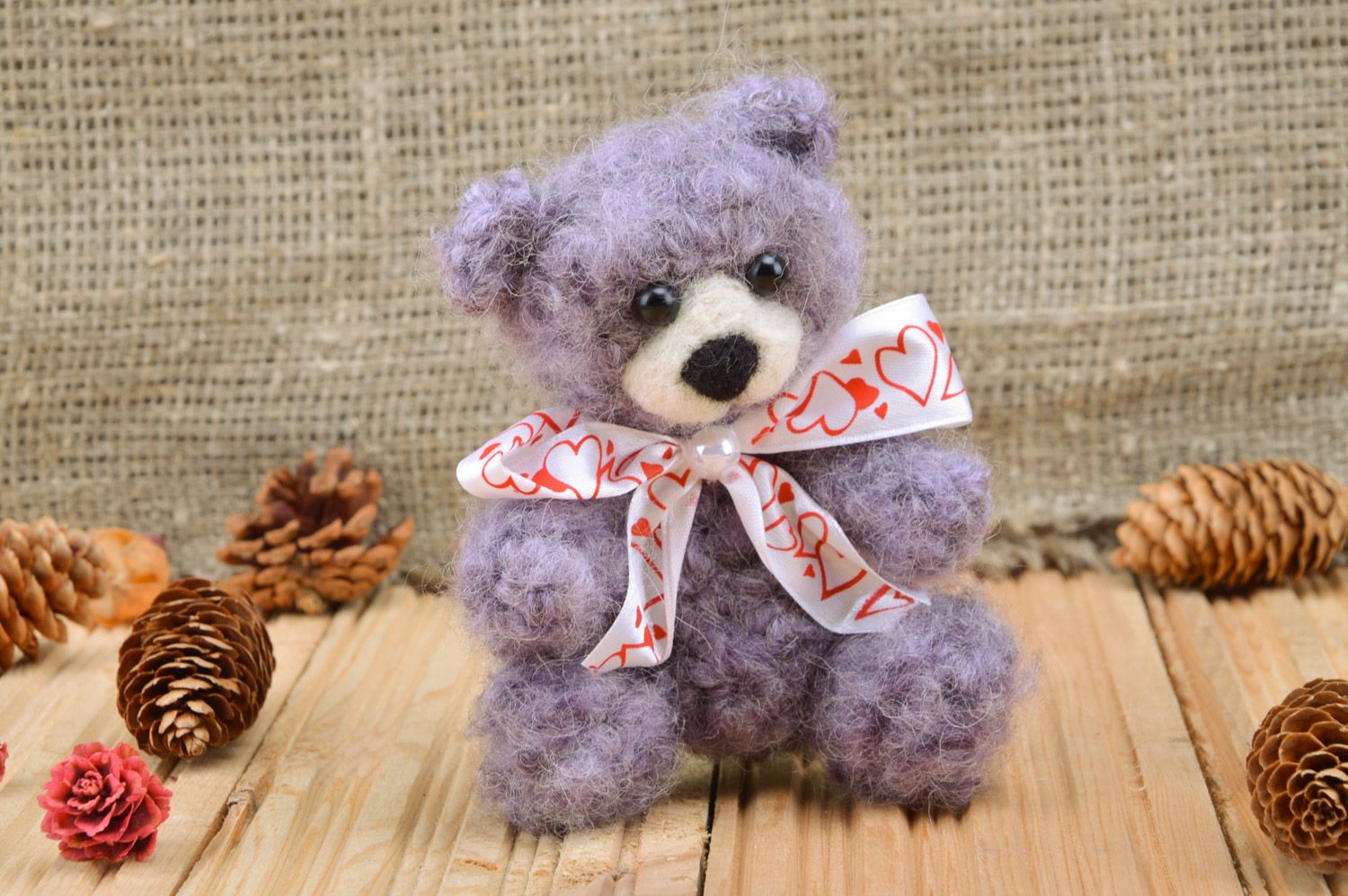 Handmade small soft toy Bear crocheted of mohair threads of violet color photo 1