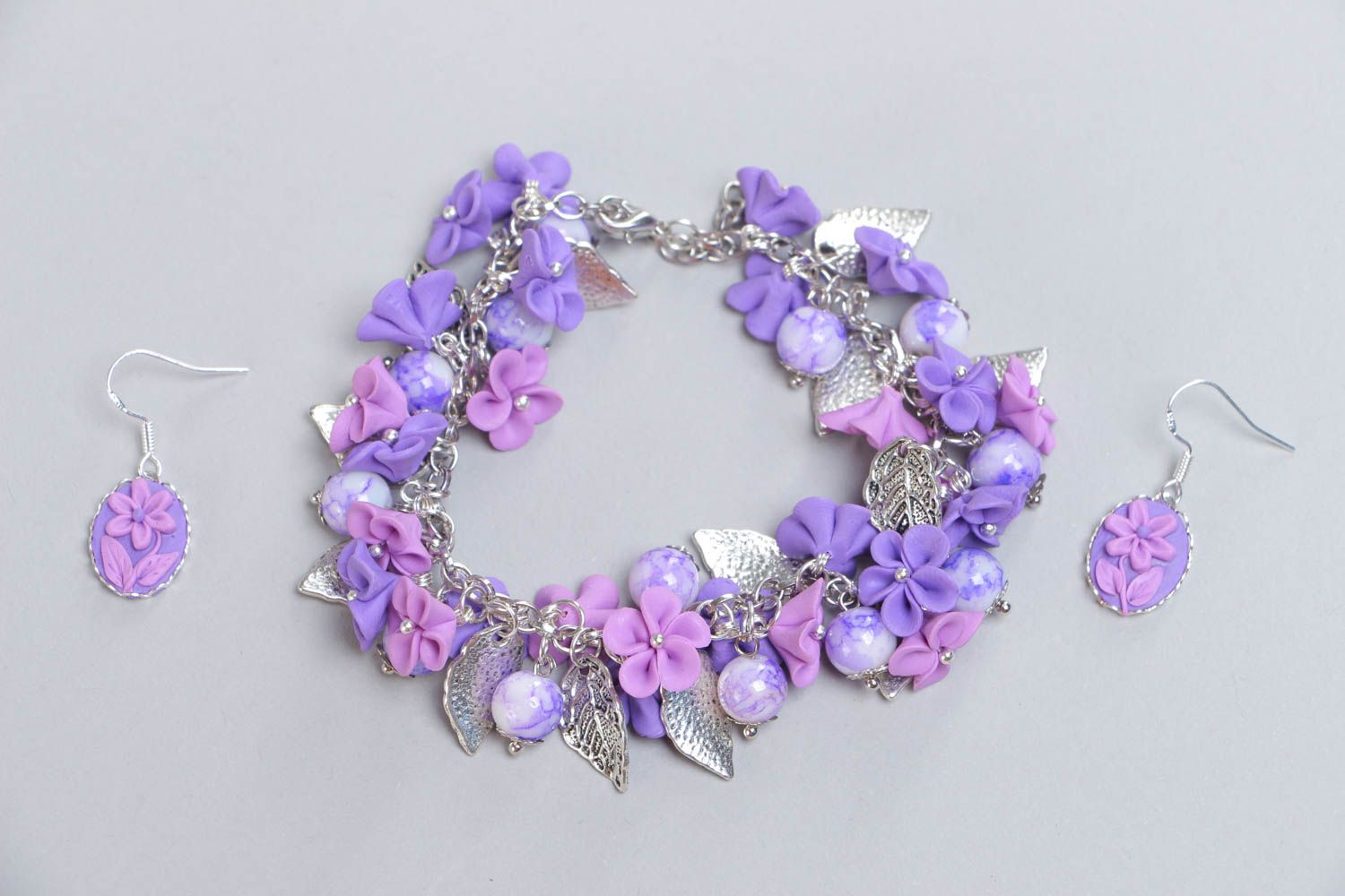 Chain violet flowers' bracelet with earrings for teen girl photo 2
