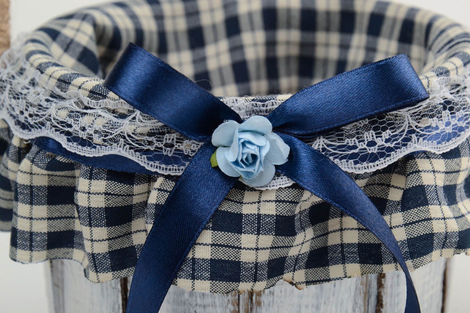 Handmade decorative carton bucket with blue checkered fabric with ribbon bow  photo 3