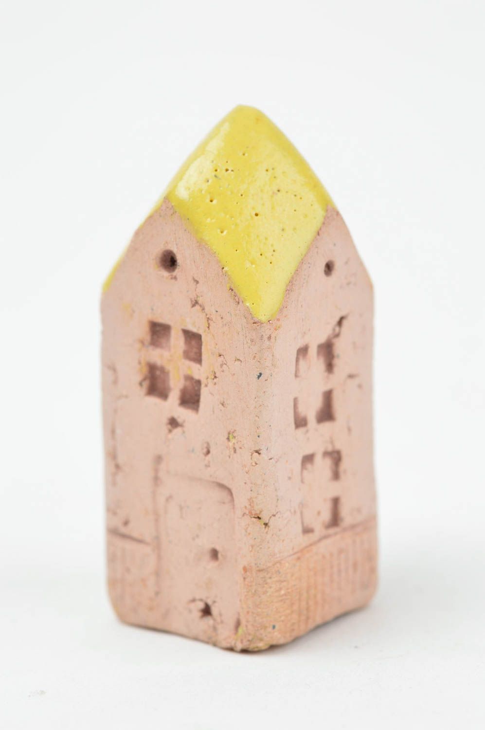 Maisonnette miniature céramique brun clair avec toit jaune faite main originale photo 2