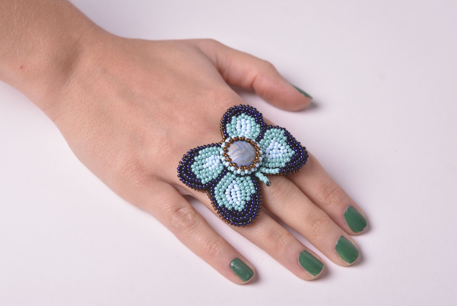 Grande Bague papillon bleu Bijou fait main cuir perles de rocaille Cadeau femme photo 1